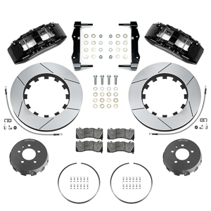 Wilwood SX6R Big Brake Dynamic Front Brake Kit Parts Laid Out - Black Powder Coat Caliper - GT Slotted Rotor