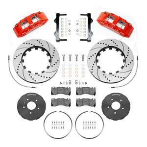 Wilwood SX6R Big Brake Dynamic Front Brake Kit Parts Laid Out - Red Powder Coat Caliper - SRP Drilled & Slotted Rotor