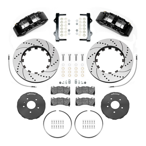 Wilwood SX6R Big Brake Dynamic Front Brake Kit Parts Laid Out - Black Powder Coat Caliper - SRP Drilled & Slotted Rotor