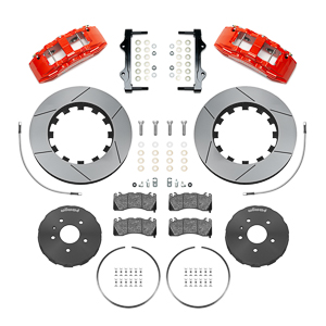 Wilwood SX6R Big Brake Dynamic Front Brake Kit Parts Laid Out - Red Powder Coat Caliper - GT Slotted Rotor