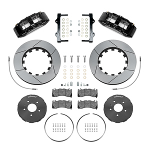 Wilwood SX6R Big Brake Dynamic Front Brake Kit Parts Laid Out - Black Powder Coat Caliper - GT Slotted Rotor