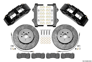 Wilwood SX6R WCCB Carbon-Ceramic Big Brake Front Brake Kit Parts Laid Out - Black Powder Coat Caliper - Plain Face Rotor