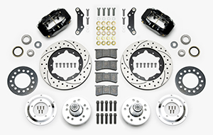 Wilwood Forged Dynalite Pro Series Front Brake Kit Parts Laid Out - Black Powder Coat Caliper - SRP Drilled & Slotted Rotor