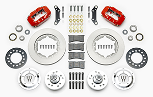 Wilwood Forged Dynalite Pro Series Front Brake Kit Parts Laid Out - Red Powder Coat Caliper - Plain Face Rotor