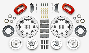 Wilwood Forged Dynalite Big Brake Front Brake Kit (Hub) Parts Laid Out - Red Powder Coat Caliper - SRP Drilled & Slotted Rotor