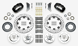 Wilwood Forged Dynalite Big Brake Front Brake Kit (Hub) Parts Laid Out - Black Powder Coat Caliper - SRP Drilled & Slotted Rotor