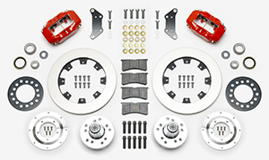 Wilwood Forged Dynalite Big Brake Front Brake Kit (Hub) Parts Laid Out - Red Powder Coat Caliper - Plain Face Rotor