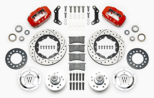 Wilwood Forged Dynalite Pro Series Front Brake Kit Parts Laid Out - Red Powder Coat Caliper - SRP Drilled & Slotted Rotor