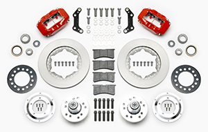 Wilwood Forged Dynalite Pro Series Front Brake Kit Parts Laid Out - Red Powder Coat Caliper - Plain Face Rotor