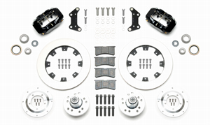 Wilwood Forged Dynalite Big Brake Front Brake Kit (Hub) Parts Laid Out - Black Powder Coat Caliper - Plain Face Rotor