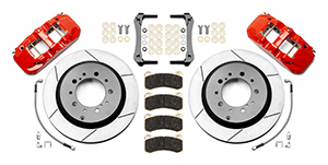 Wilwood AERO4 Big Brake Truck Rear Brake Kit Parts Laid Out - Red Powder Coat Caliper - GT Slotted Rotor