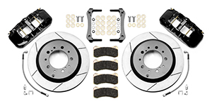 Wilwood AERO4 Big Brake Truck Rear Brake Kit Parts Laid Out - Black Powder Coat Caliper - GT Slotted Rotor