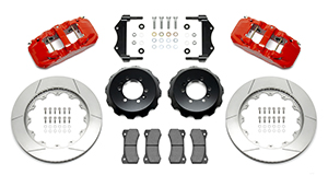 Wilwood AERO6 Big Brake Front Brake Kit Parts Laid Out - Red Powder Coat Caliper - GT Slotted Rotor