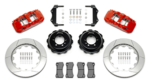 Wilwood AERO6 Big Brake Rear Brake Kit For OE Parking Brake Parts Laid Out - Red Powder Coat Caliper - GT Slotted Rotor