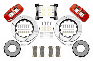 Wilwood AERO6 Big Brake Truck Front Brake Kit Parts Laid Out - Red Powder Coat Caliper - GT Slotted Rotor