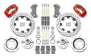 Wilwood Forged Dynalite Big Brake Front Brake Kit (Hub) Parts Laid Out - Red Powder Coat Caliper - SRP Drilled & Slotted Rotor