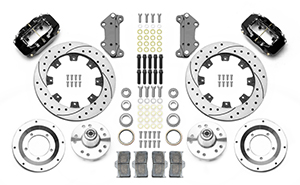 Wilwood Forged Dynalite Big Brake Front Brake Kit (Hub) Parts Laid Out - Black Powder Coat Caliper - SRP Drilled & Slotted Rotor