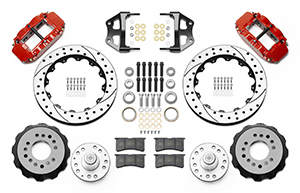 Wilwood Forged Narrow Superlite 6R Big Brake Front Brake Kit (Hub) Parts Laid Out - Red Powder Coat Caliper - SRP Drilled & Slotted Rotor