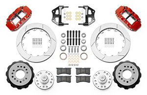 Wilwood Forged Narrow Superlite 6R Big Brake Front Brake Kit (Hub) Parts Laid Out - Red Powder Coat Caliper - GT Slotted Rotor