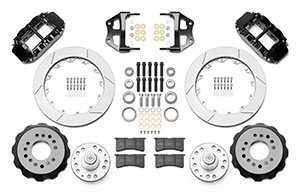 Wilwood Forged Narrow Superlite 6R Big Brake Front Brake Kit (Hub) Parts Laid Out - Black Powder Coat Caliper - GT Slotted Rotor