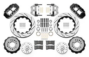 Wilwood Forged Narrow Superlite 6R Big Brake Front Brake Kit (Hub) Parts Laid Out - Black Powder Coat Caliper - SRP Drilled & Slotted Rotor