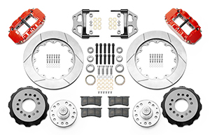 Wilwood Forged Narrow Superlite 6R Big Brake Front Brake Kit (Hub) Parts Laid Out - Red Powder Coat Caliper - GT Slotted Rotor