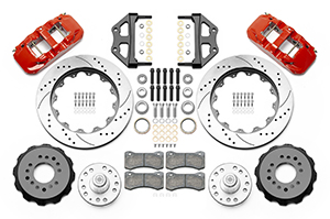 Wilwood AERO6 Big Brake Front Brake Kit Parts Laid Out - Red Powder Coat Caliper - SRP Drilled & Slotted Rotor