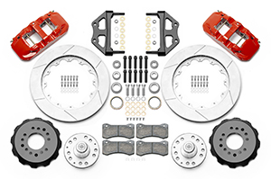 Wilwood AERO6 Big Brake Front Brake Kit Parts Laid Out - Red Powder Coat Caliper - GT Slotted Rotor