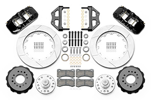 Wilwood AERO6 Big Brake Front Brake Kit Parts Laid Out - Black Powder Coat Caliper - GT Slotted Rotor