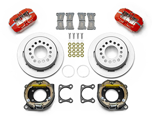 Wilwood Forged Dynapro Low-Profile Dust Seal Rear Parking Brake Kit Parts Laid Out - Red Powder Coat Caliper - Plain Face Rotor