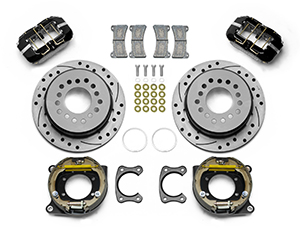 Wilwood Forged Dynapro Low-Profile Dust Seal Rear Parking Brake Kit Parts Laid Out - Black Powder Coat Caliper - SRP Drilled & Slotted Rotor