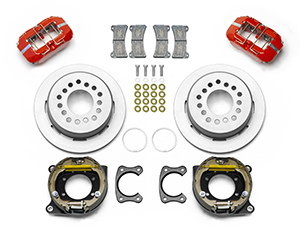 Wilwood Forged Dynapro Low-Profile Dust Seal Rear Parking Brake Kit Parts Laid Out - Red Powder Coat Caliper - Plain Face Rotor