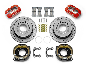 Wilwood Forged Dynapro Low-Profile Dust Seal Rear Parking Brake Kit Parts Laid Out - Red Powder Coat Caliper - SRP Drilled & Slotted Rotor