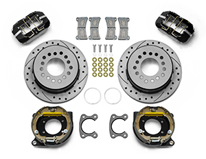 Wilwood Forged Dynapro Low-Profile Dust Seal Rear Parking Brake Kit Parts Laid Out - Black Powder Coat Caliper - SRP Drilled & Slotted Rotor