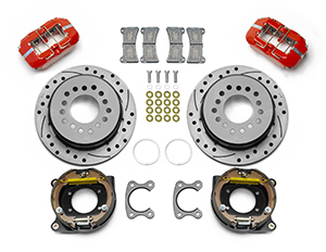 Wilwood Forged Dynapro Low-Profile Dust Seal Rear Parking Brake Kit Parts Laid Out - Red Powder Coat Caliper - SRP Drilled & Slotted Rotor