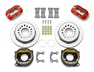 Wilwood Forged Dynapro Low-Profile Dust Seal Rear Parking Brake Kit Parts Laid Out - Red Powder Coat Caliper - Plain Face Rotor