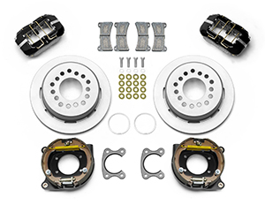 Wilwood Forged Dynapro Low-Profile Dust Seal Rear Parking Brake Kit Parts Laid Out - Black Powder Coat Caliper - Plain Face Rotor