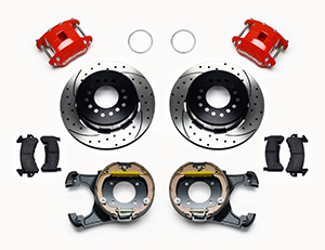 Wilwood D154 Rear Parking Brake Kit Parts Laid Out - Red Powder Coat Caliper - SRP Drilled & Slotted Rotor