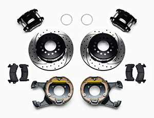Wilwood D154 Rear Parking Brake Kit Parts Laid Out - Black Powder Coat Caliper - SRP Drilled & Slotted Rotor
