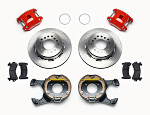 Wilwood D154 Rear Parking Brake Kit Parts Laid Out - Red Powder Coat Caliper - Plain Face Rotor