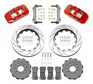 Wilwood AERO6 Big Brake Front Brake Kit Parts Laid Out - Red Powder Coat Caliper - SRP Drilled & Slotted Rotor