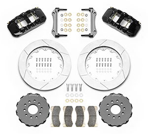 Wilwood AERO6 Big Brake Front Brake Kit Parts Laid Out - Black Powder Coat Caliper - GT Slotted Rotor