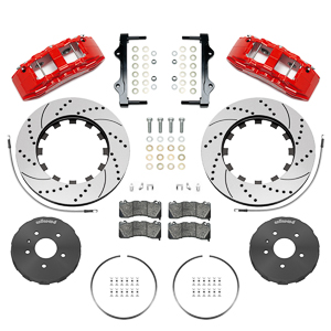 Wilwood SX6R Big Brake Dynamic Front Brake Kit Parts Laid Out - Red Powder Coat Caliper - SRP Drilled & Slotted Rotor