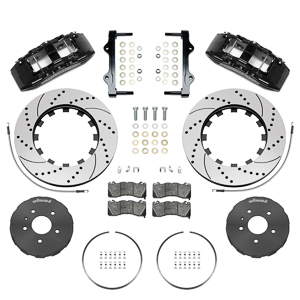 Wilwood SX6R Big Brake Dynamic Front Brake Kit Parts Laid Out - Black Powder Coat Caliper - SRP Drilled & Slotted Rotor