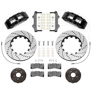 Wilwood SX6R Big Brake Dynamic Front Brake Kit Parts Laid Out - Black Powder Coat Caliper - SRP Drilled & Slotted Rotor