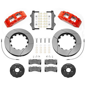 Wilwood SX6R Big Brake Dynamic Front Brake Kit Parts Laid Out - Red Powder Coat Caliper - GT Slotted Rotor