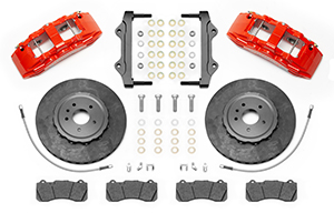 Wilwood SX6R WCCB Carbon-Ceramic Big Brake Front Brake Kit Parts Laid Out - Red Powder Coat Caliper - Plain Face Rotor