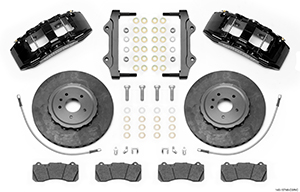 Wilwood SX6R WCCB Carbon-Ceramic Big Brake Front Brake Kit Parts Laid Out - Black Powder Coat Caliper - Plain Face Rotor