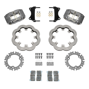 Wilwood Dynapro Radial Front Sprint Brake Kit Parts Laid Out - Type III Anodize Caliper - Slotted Rotor