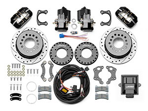 Wilwood Forged Dynapro Low-Profile Rear Electronic Parking Brake Kit Parts Laid Out - Black Powder Coat Caliper - SRP Drilled & Slotted Rotor